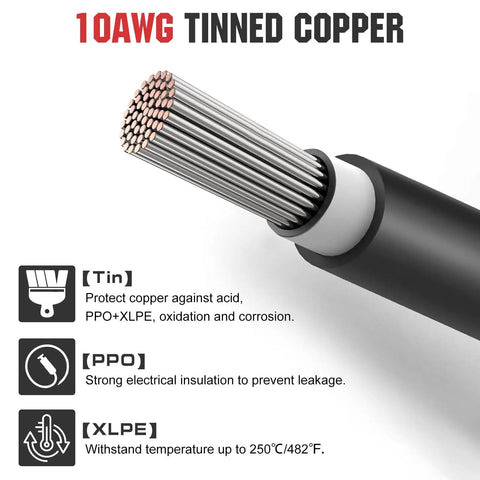 Beefy Solar Extension Cable 10 Ft 10 AWG 30 Amp DC IP67 Waterproof with tinned copper core detail and insulation properties