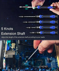 61 In 1 Precision Screwdriver Set with 57 Bits and Magnetic Extension Rod in use on electronic circuit board