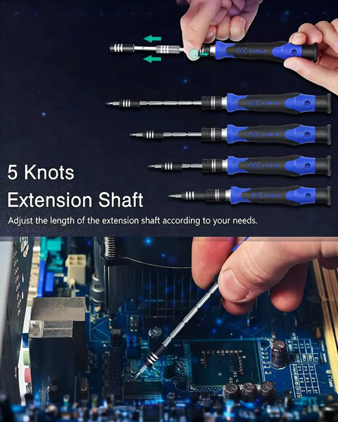 61 In 1 Precision Screwdriver Set with 57 Bits and Magnetic Extension Rod in use on electronic circuit board