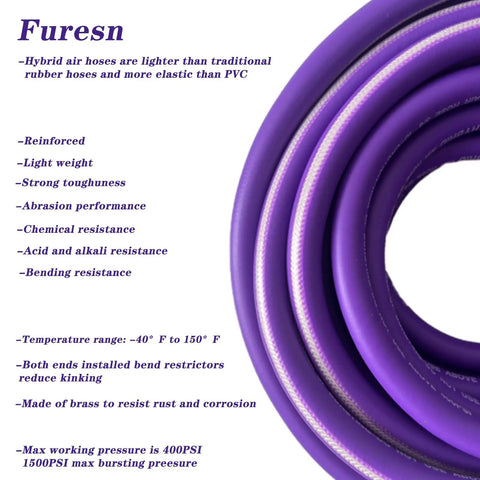 Top Shelf 3/8 X 50 Ft Air Hose Kink Resistant Hybrid Rubber with purple color and bend restrictors for compressors.