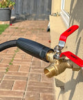 Heavy Duty Garden Hose Y Valve Splitter With Stainless Steel Long Handle And Brass Body Two Way Water Adapter Three Quarter Inch GHT Thread High Flow Full Port Spigot Splitter For Outdoor Garden Use attached to outdoor wall faucet