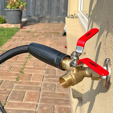 Heavy Duty Garden Hose Y Valve Splitter With Stainless Steel Long Handle And Brass Body Two Way Water Adapter Three Quarter Inch GHT Thread High Flow Full Port Spigot Splitter For Outdoor Garden Use attached to outdoor wall faucet