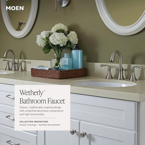 Spot Resist Brushed Nickel Widespread Two Handle Bathroom Faucet with valve, three hole deck mount in modern bathroom setup