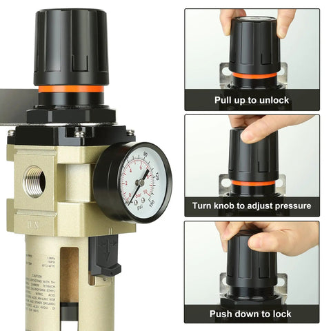 Half Inch Air Compressor Filter Regulator Combo With Brass Five Micron Filter Element, Water And Oil Trap, Pressure Gauge instructions