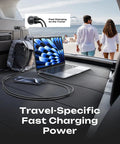 Interior of car with Dual USB C Car Charger 90W Fast Charge With 45W Per Port connected to laptop and phone, beach view