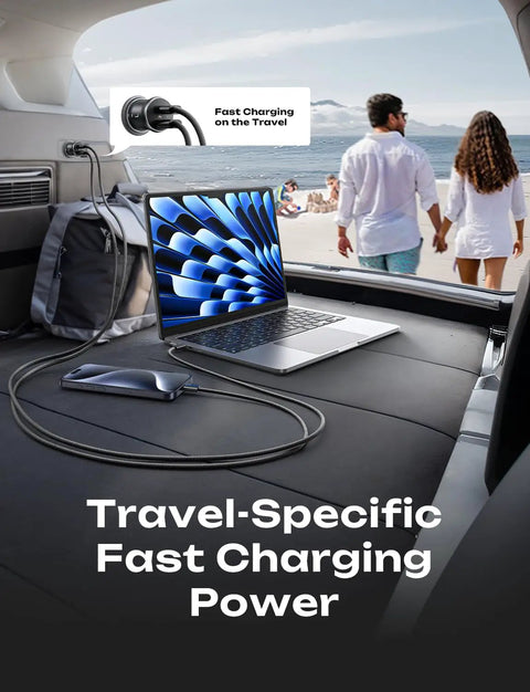 Interior of car with Dual USB C Car Charger 90W Fast Charge With 45W Per Port connected to laptop and phone, beach view