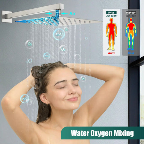 Person enjoying All In One Shower System With 10 Inch Square Rain Head, 2 In 1 Handheld Sprayer in brushed nickel finish