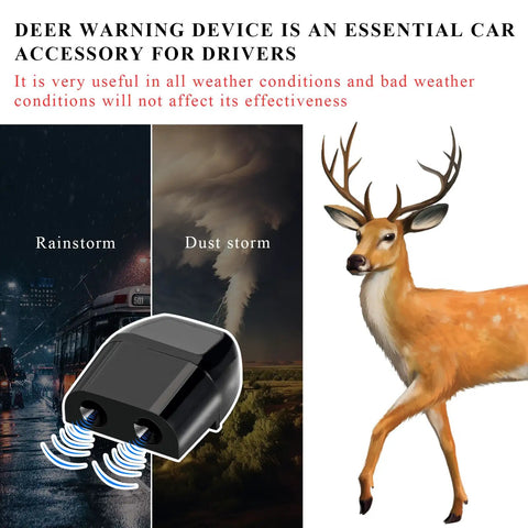 4 Pack Deer Warning Whistles With Waterproof Adhesive Tapes For Cars Trucks And SUVs That Help Keep Deer And Other Wildlife From Crossing Your Path And Prevent Collisions While Boosting Driving Safety Black shown with deer and weather conditions.