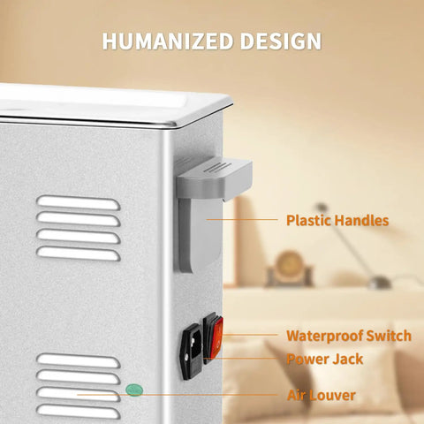 Detail view of Knock Out Gnarly Grime Six Liter Digital Ultrasonic Cleaner, showcasing waterproof switch and plastic handles.