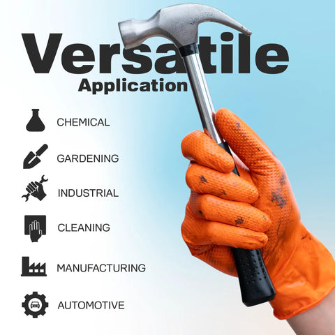 Close-up of orange nitrile work glove with diamond texture, large size, gripping a hammer