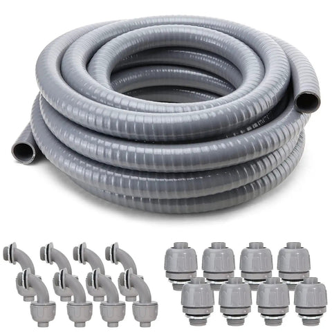 One Half Inch Diameter Flexible Liquid Tight Non Metallic Conduit Kit With 25 Foot Length Includes 8 Straight And 8 Angle Fittings