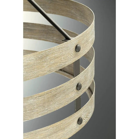 Close-up of Coastal Farmhouse 1 Light Pendant in Graphite Finish with Open Cage Frame of Three Circular Bands, showing detail.
