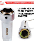 BILITOOLS 9-piece axle spindle rethreading set: chrome socket front view with extension adapter and hex key