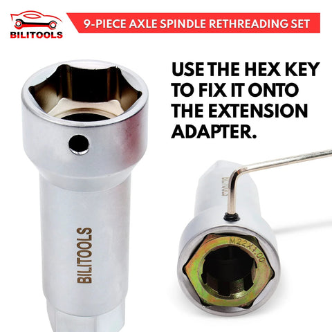 BILITOOLS 9-piece axle spindle rethreading set: chrome socket front view with extension adapter and hex key