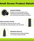 Illustration highlighting features of Six Hundred Pieces M3 Black Wood Screws Set Handy Short Lengths 6mm 8mm 10mm 12mm for DIY projects