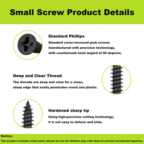 Illustration highlighting features of Six Hundred Pieces M3 Black Wood Screws Set Handy Short Lengths 6mm 8mm 10mm 12mm for DIY projects