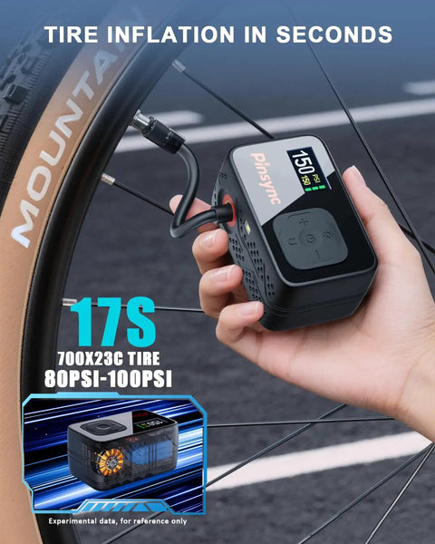 Mini Electric Bike Pump With Auto Stop 150 PSI Quick Inflate Portable Tire Pump For Road MTB And E Bikes 17 Seconds Top Up 20 L Min High Flow Presta Schrader Compatible Great For Roadside Flat Repairs On The Go
