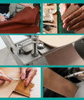Collage of Pro Grade Leather Skiver And Cutter Kit With Skiving Machine Peeler Wide Mouth Knife in use on leather projects