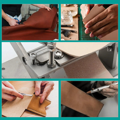 Collage of Pro Grade Leather Skiver And Cutter Kit With Skiving Machine Peeler Wide Mouth Knife in use on leather projects