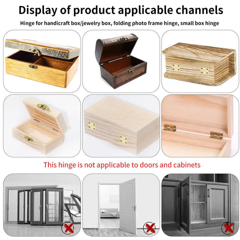 Display of Small Brass Hinges Pack Of 50 With 7mm Screws For Wooden Boxes And Jewelry Boxes Cabinets And Drawers, not for doors and cabinets