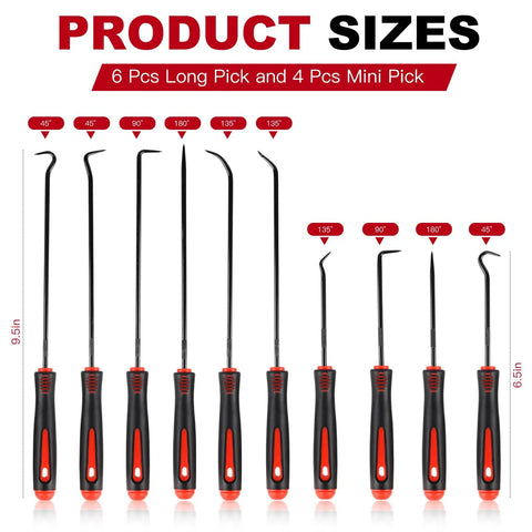 10 Piece Mechanic Pick Set With Non Slip Grips For Long And Short Picks Built For O Ring Seal And Gasket Removal, 9.5 and 6.5 Inch Sizes