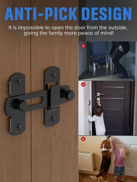 Heavy Duty Stainless Steel Sliding Barn Door Lock With Matte Black Finish installed on a wooden door, anti-pick feature shown