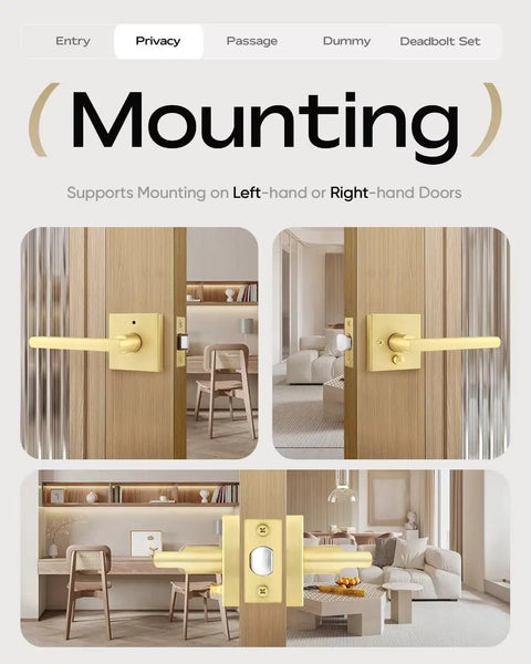 4 Pack Satin Brass Privacy Door Levers For Bedroom And Bath Left Or Right Handed Gold Finish Bed And Bath Leverset Lockset With Inside Thumb Turn Locking shown on wooden door