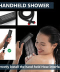 Ceiling Mount Shower System With Rain Shower Head And Handheld Spray For A Luxe Spa Like Experience, showing handheld spray in use