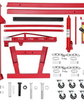 Heavy Duty 4400 LB Folding Cherry Picker Engine Hoist parts laid out, includes hydraulic pump, chains, and wheels for garage use.