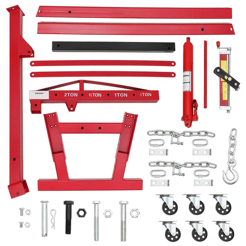 Heavy Duty 4400 LB Folding Cherry Picker Engine Hoist parts laid out, includes hydraulic pump, chains, and wheels for garage use.
