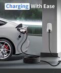 Kickstart Your Daily Circuit With This Roughneck Grade 21 Ft Level 2 Ev Charger Extension Cord Providing 50 Amp Heavy Duty Power And Smooth Top Notch Charging For All J1772 Rides, plugged into an EV.