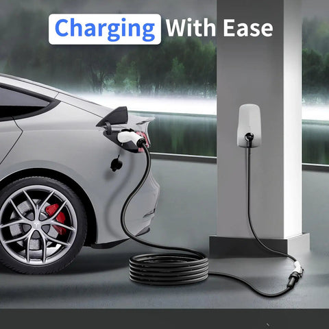 Kickstart Your Daily Circuit With This Roughneck Grade 21 Ft Level 2 Ev Charger Extension Cord Providing 50 Amp Heavy Duty Power And Smooth Top Notch Charging For All J1772 Rides, plugged into an EV.