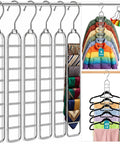Heavy Duty Metal Hangers Six Pack Featuring Fifty Four Hooks For Massive Space Saving Closet Organization And College Dorm Essentials A Straight Up Dorm Room Game Changer Now showing six silver hooks and colorful jackets.