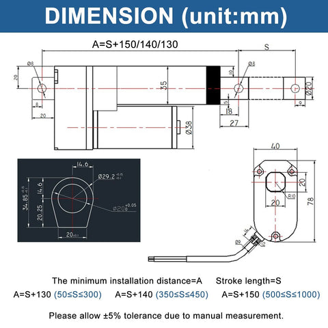 Diagram showing the dimensions of a powerful 12V DC linear actuator with a 4 inch stroke and 660 lb thrust, IP65 rated, with measurements in mm.