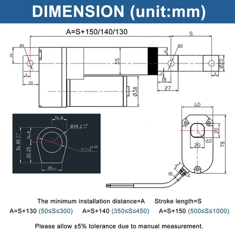 Dimensions diagram of 12V Heavy Duty Linear Actuator 24 Inch Stroke 660 Pound Capacity electric cylinder with measurement details.