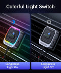 Two views of Car Bluetooth 5.4 Receiver with 3.5mm Aux showing colorful light switch on and off modes