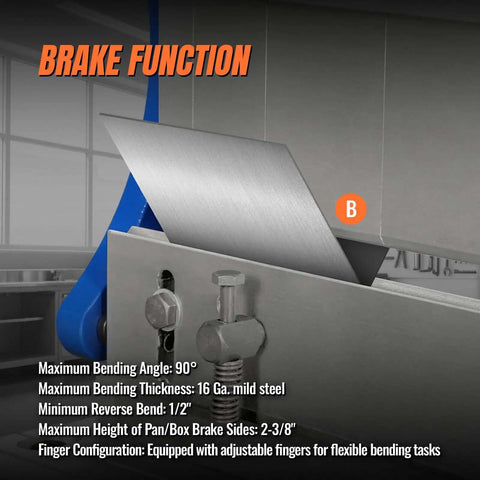Brake function of Beast Of A Three In One Pan And Box Brake Slip Roll Shear And Bending Machine For Sheet Metal 20 Gauge Mild Steel.