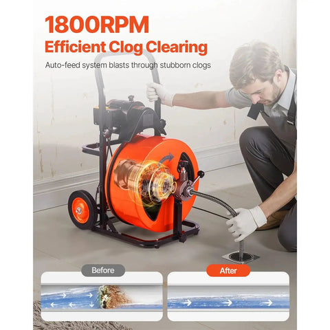 Heavy Duty Automatic Feed Drain Auger Sewer Snake Cleaning Machine with 100 feet steel cord for clearing stubborn clogs.