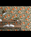 Botanical Chintz Vinyl Wallpaper Featuring Subtle Leather Texture Hella Durable Commercial Grade Wallcovering Custom Printed Just For You, with orange flowers and green leaves on a neutral background.