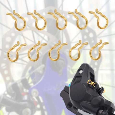 High-Octane 10 Pack Stainless Steel Bike Brake Caliper Repair Kit Featuring Premium Retaining Spring Clips And Cotter Pins For Rock Solid Durability And Smooth Ride Maintenance That Gets The Job Done Right. Gold brake caliper spring clips and cotter pin on bike disc brake