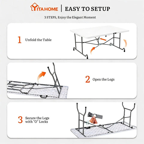 Step-by-step setup of 6 Foot Folding Table With Carrying Handle, Heavy Duty Steel Frame, 1.35 Inch Thick HDPE Top