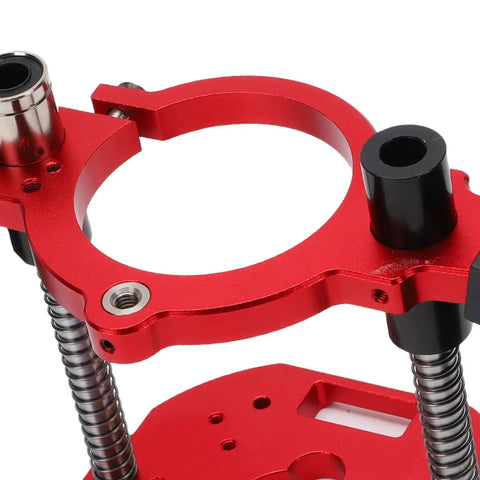 Detailed view of the heavy duty aluminum router lift base for woodworking setup featuring micrometer control and clamp area.