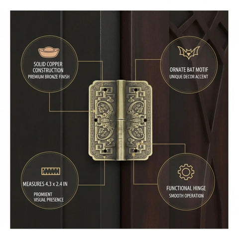 Easy Surface Mount Decorative Copper Hinge With Bronze Finish for cabinet hardware featuring ornate bat motif, 4.3 x 2.4 inches.