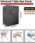 Built Tough Table Saw Cover With Waterproof Jobsite Weather Guard And Integrated Tool Storage Pockets For Contractor Shop Equipment and All Season Protection, gray cover with sizes displayed.