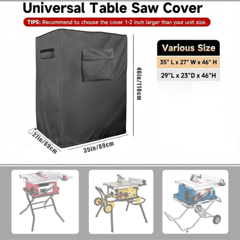 Built Tough Table Saw Cover With Waterproof Jobsite Weather Guard And Integrated Tool Storage Pockets For Contractor Shop Equipment and All Season Protection, gray cover with sizes displayed.