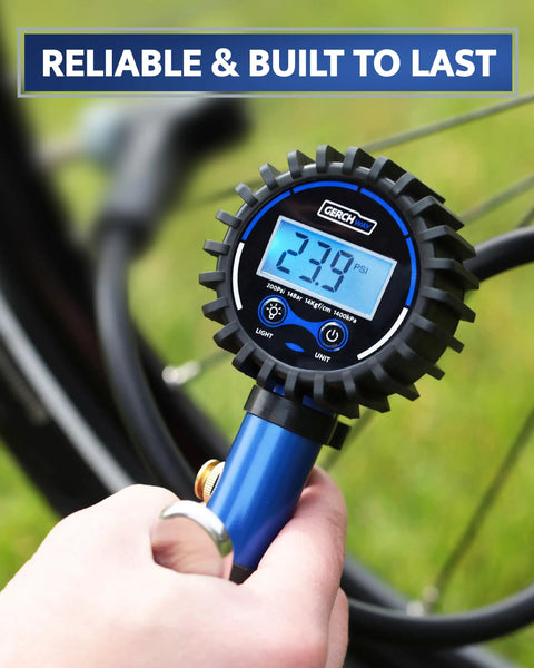 Digital Bike Tire Inflator With Pressure Gauge For Presta And Schrader Valves showing 23.9 PSI reading.