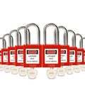 Lockout Tagout Safety Padlocks Set, 10 Red LOTO Locks With Brass Core, Keyed Different, OSHA Compliant, shown in a front view.