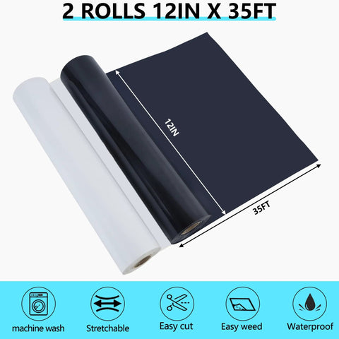 Two Rolls Iron On Vinyl In Black And White, 12x35ft Each, Durable Polyurethane HTV For DIY Tees, flat lay showing dimensions
