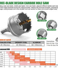 Three-blade carbide hole saw for metal cutting, showing inner, middle, outer blades, and recommended speed for various materials.