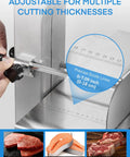 Beefy 1500W Meat And Bone Bandsaw With ETL Approved showing adjustable cutting thickness scale and meat examples